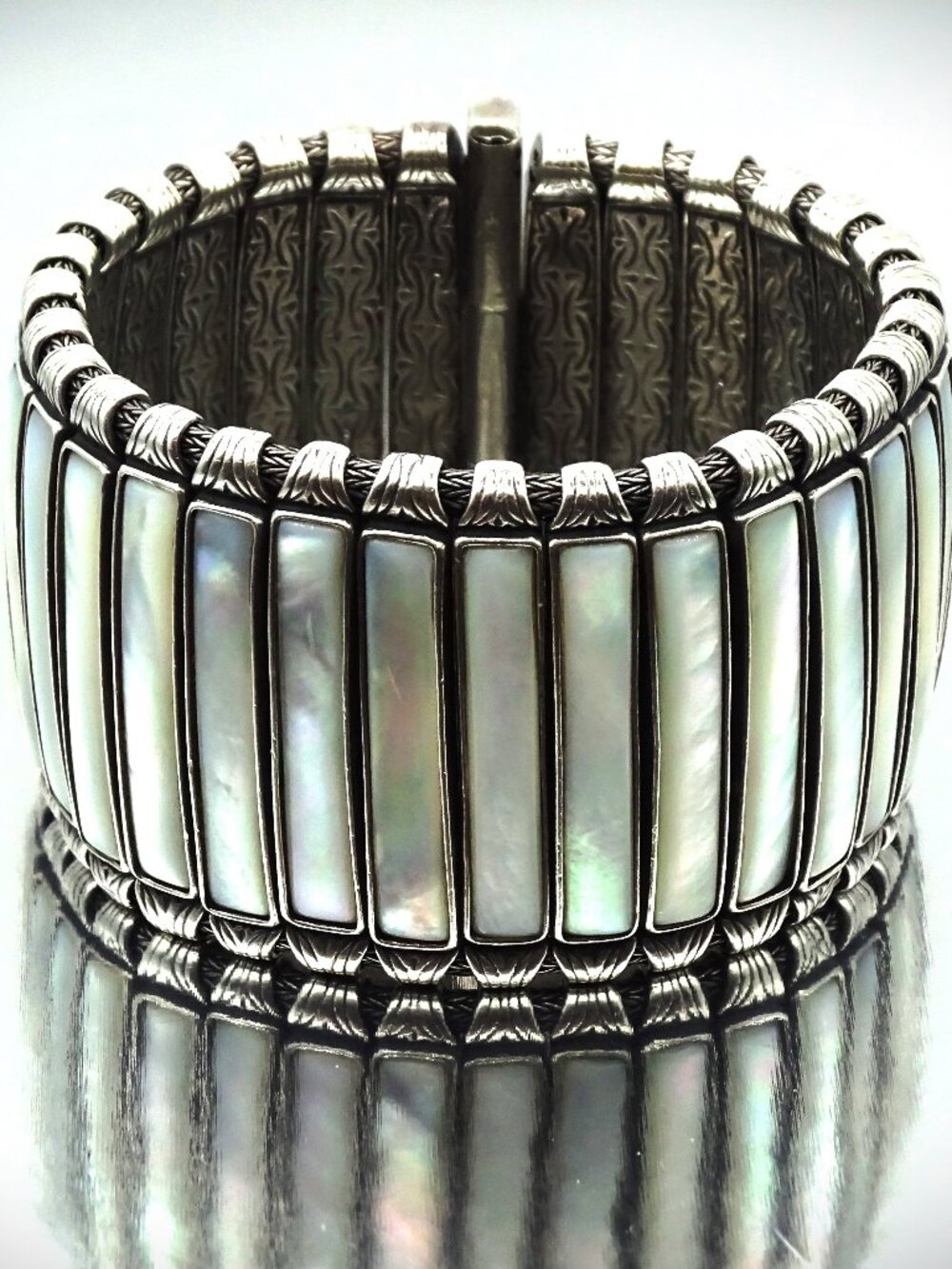 GEROCHRISTO Unique Sterling Silver & Mother of Pearl Wide 140.9 Grams Bracelet